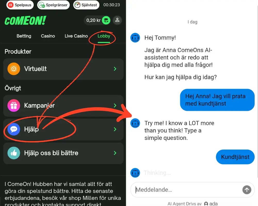 Kundtjänst och livechatt hos ComeOn!