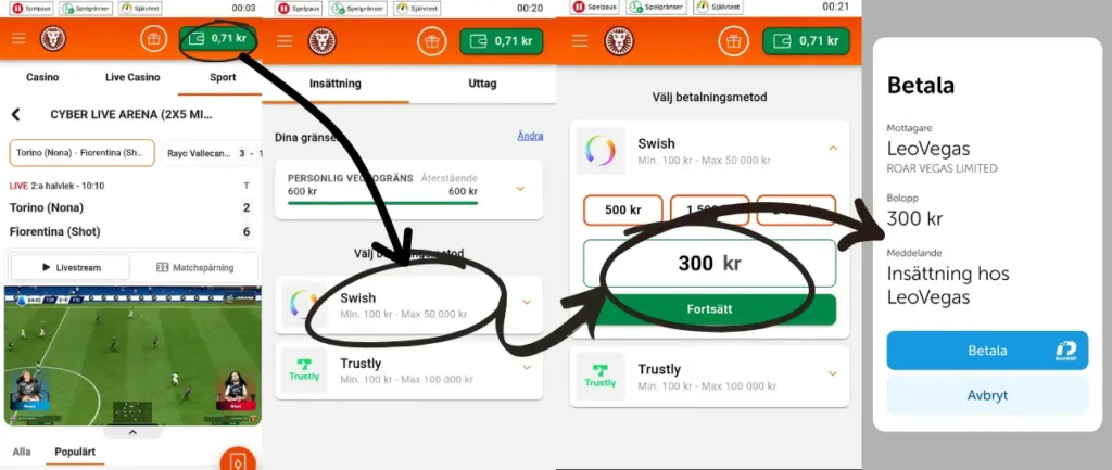 Här gör vi en insättning till LeoVegas via Swish (2026).