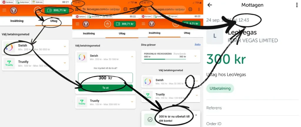 Ett uttagstest från LeoVegas via Swish (2026).