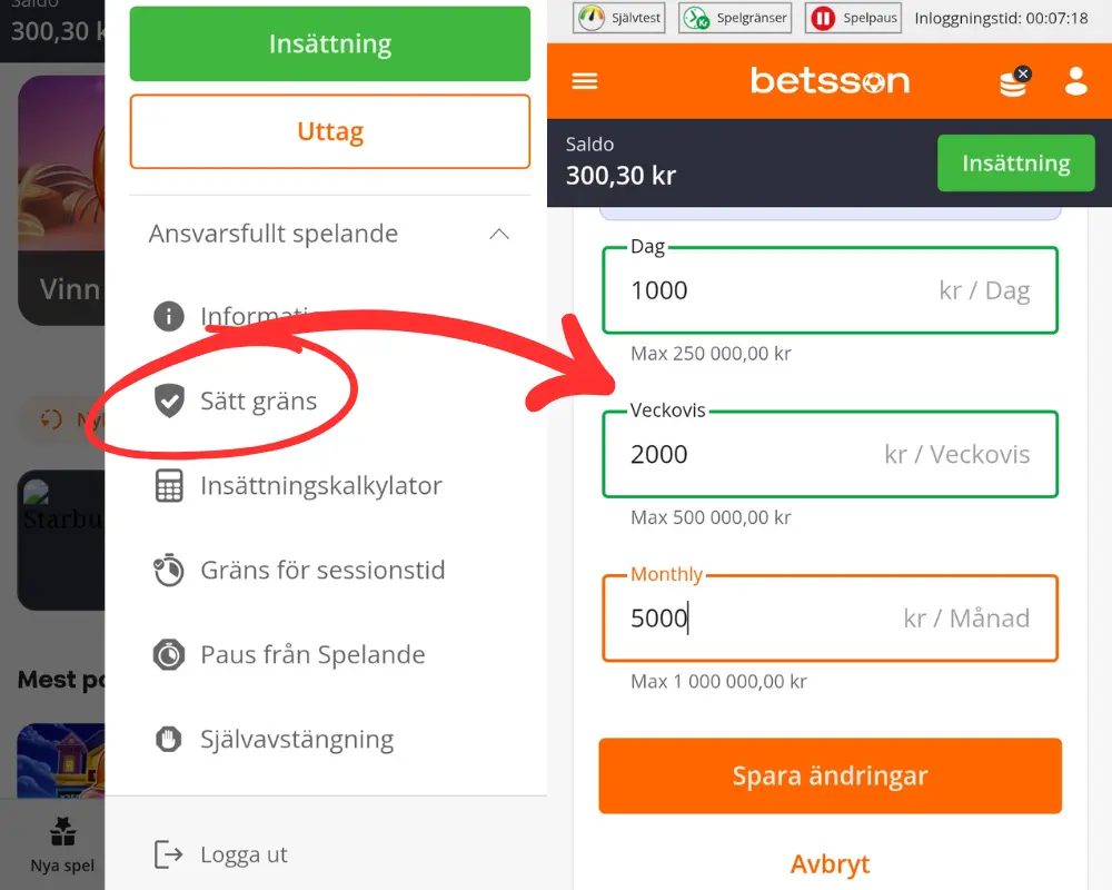 Verktyg för ansvarsfullt spelande och insättningsgränser hos Betsson.