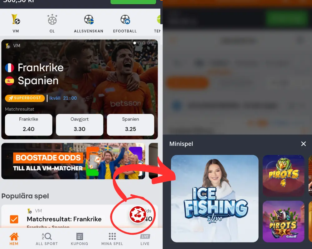 Minispelen i Betssons sportsbook.