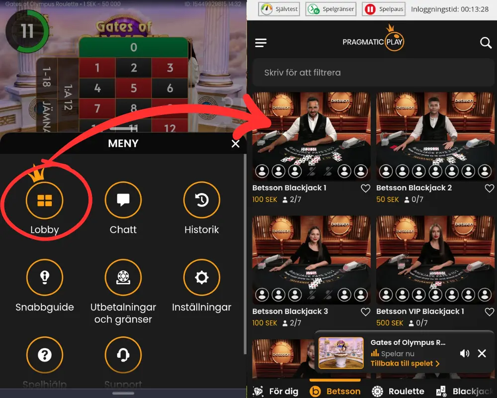 Hur du går från ett av Pragmatic Plays livespel till Pragmatic Plays lobby.