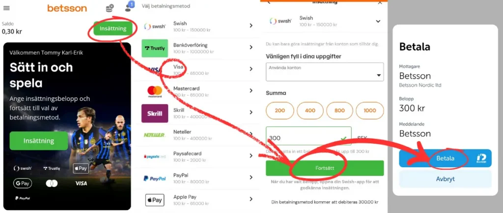 En av våra insättningar till Betsson via Swish (2026).