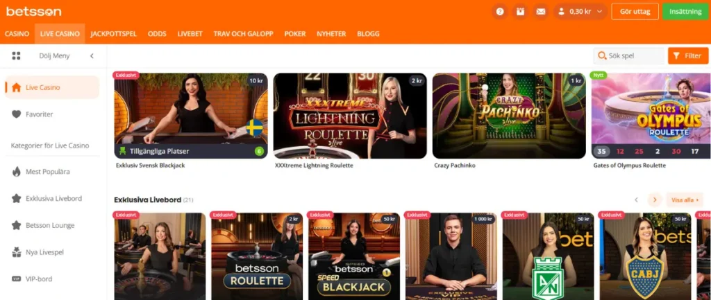Live casinot hos Betsson.