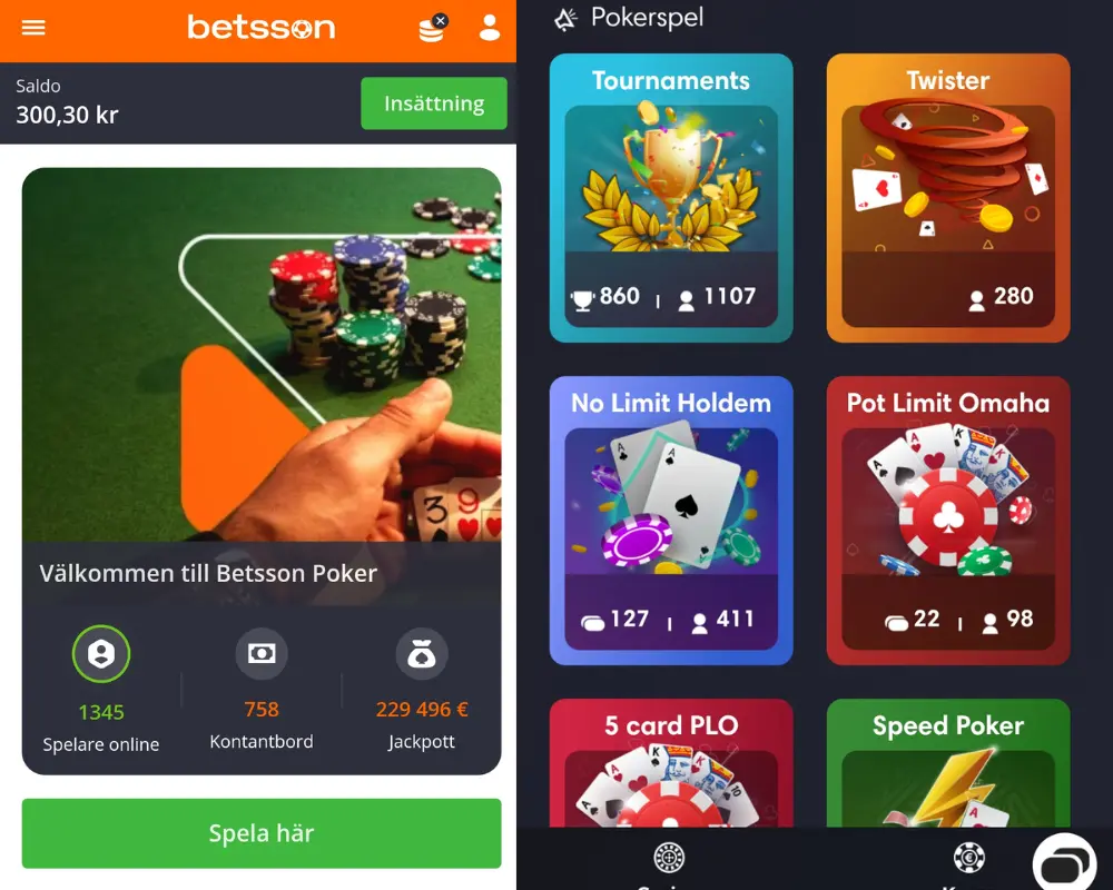 Pokerspelen hos Betsson.