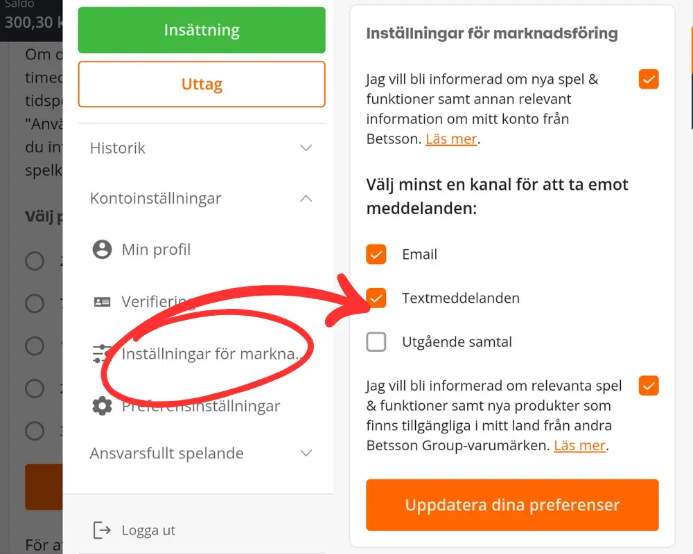 Inställningar för reklam och meddelanden från Betsson.