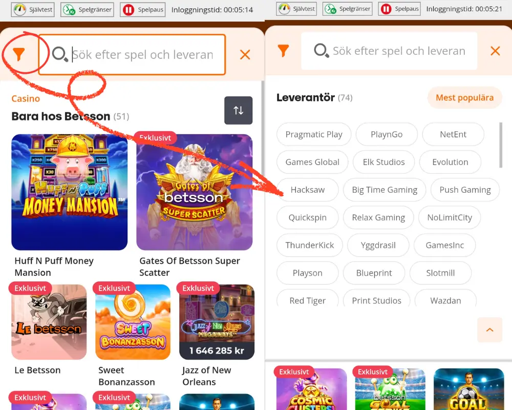 Sökfiltret hos Betsson låter dig filtrera spelleverantörer.