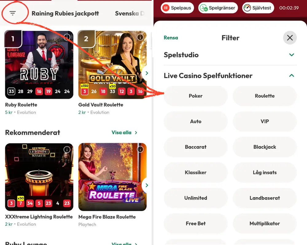 Casinostugans live casino och sökfilter