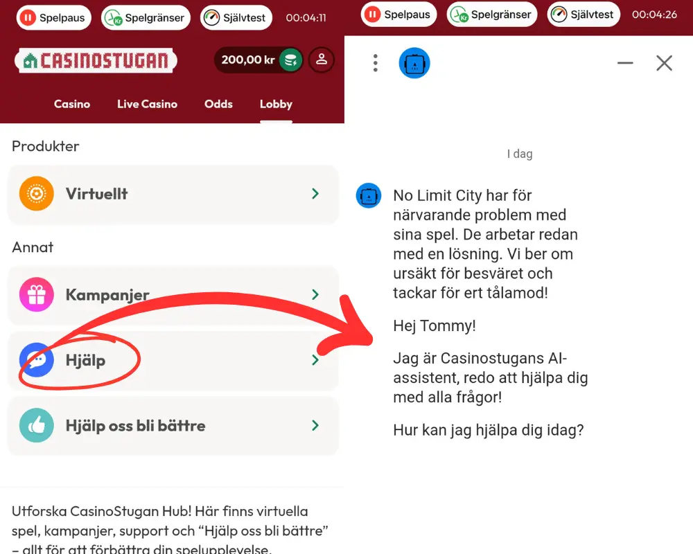 Hur du hittar livechatten hos Casinostugan om du spelar i mobilen.