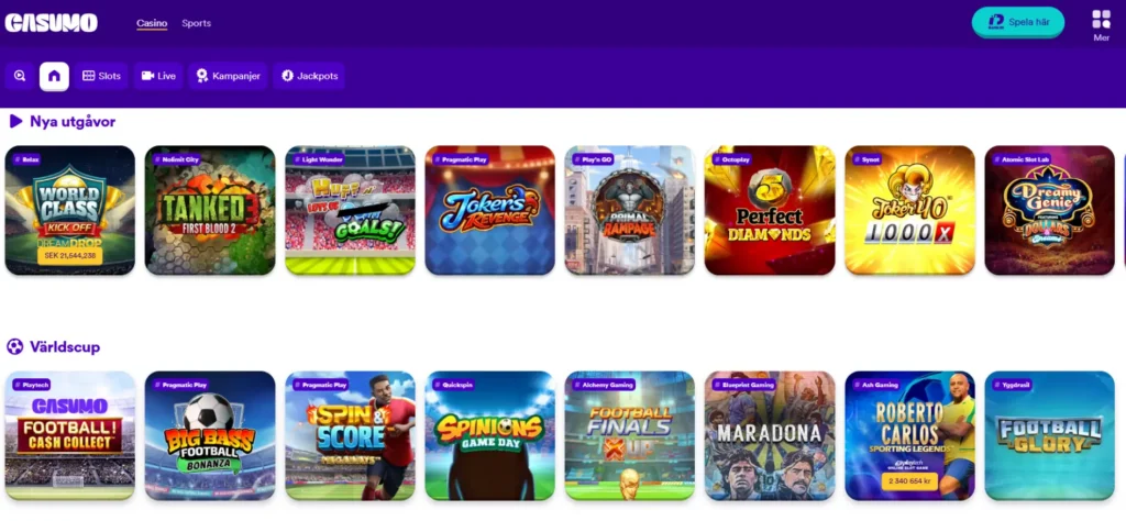 Casinosidan och spelutbudet hos casumo.