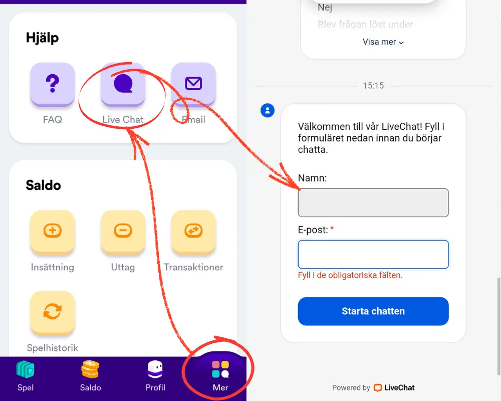 Kundtjänst och livechatt hos Casumo