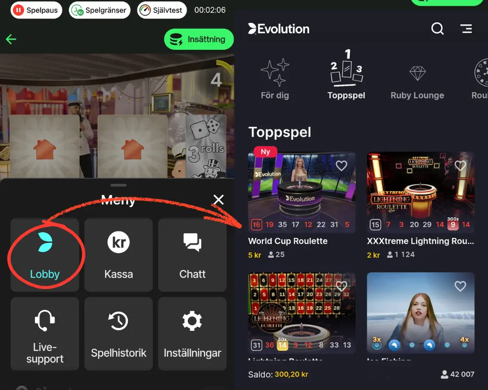 Evolutions lobby hos ComeOn.