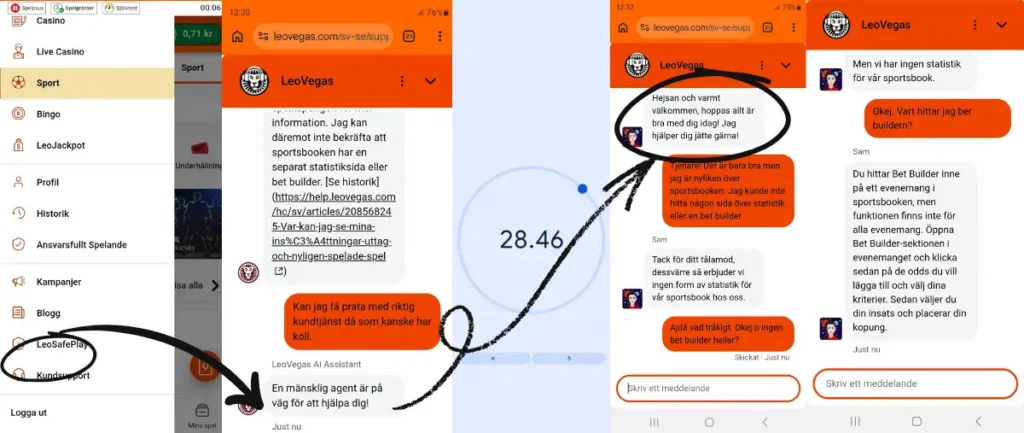 Ett av våra tester av livechatten hos LeoVegas (2026).