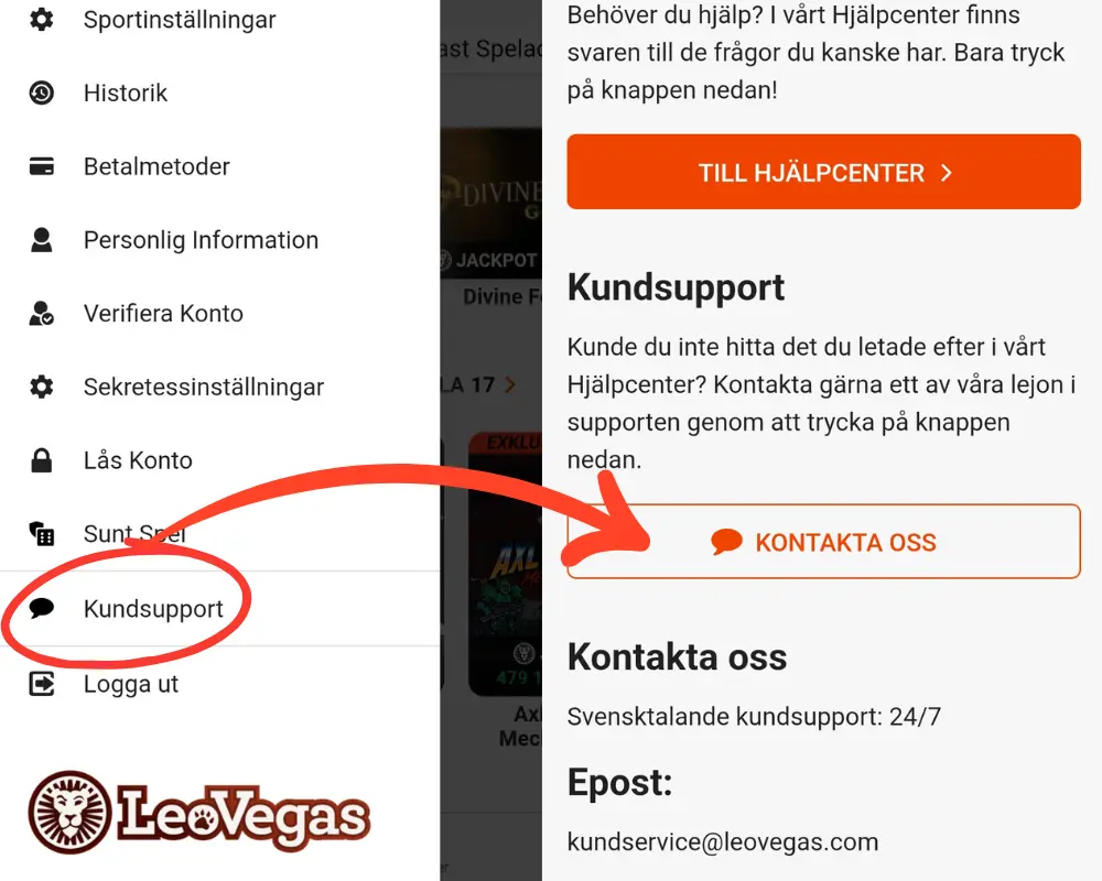 Hur du hittar LeoVegas hjälpcenter och kundtjänst.