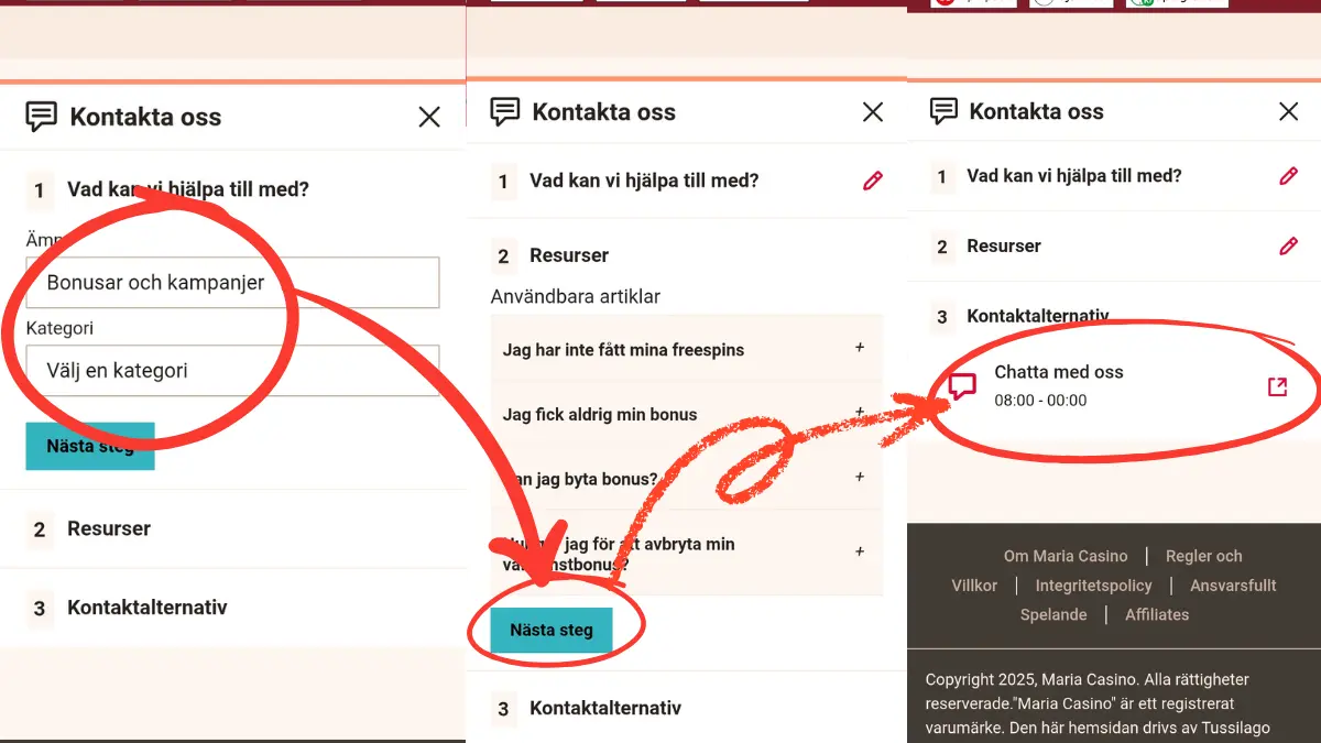 Hur du kontaktar Maria Casinos livechatt