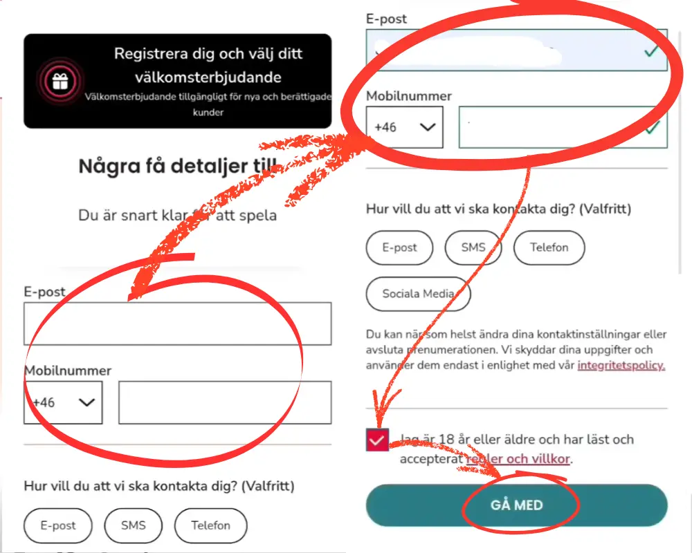 Uppgifterna som krävs för att registrera konto hos Maria Casino