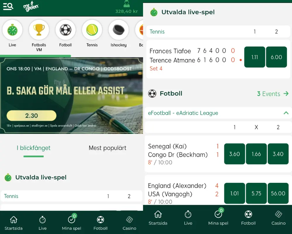 Mr Greens sportsbook och odds.
