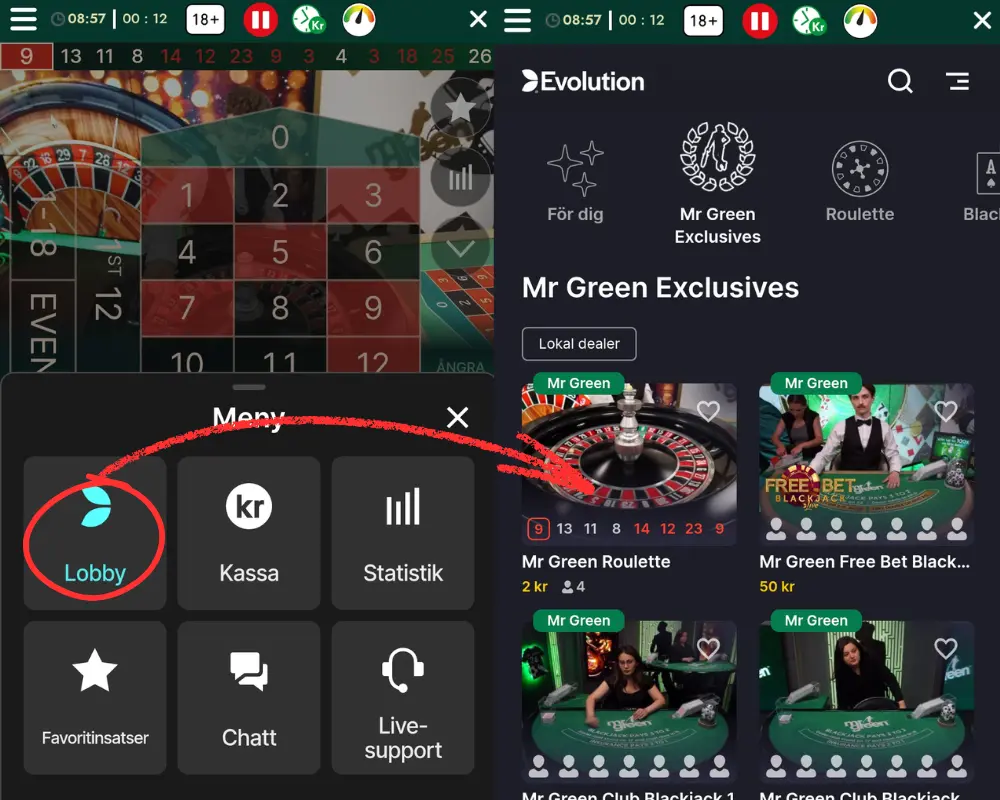 Hur du använder Evolutions lobby hos Mr Green.