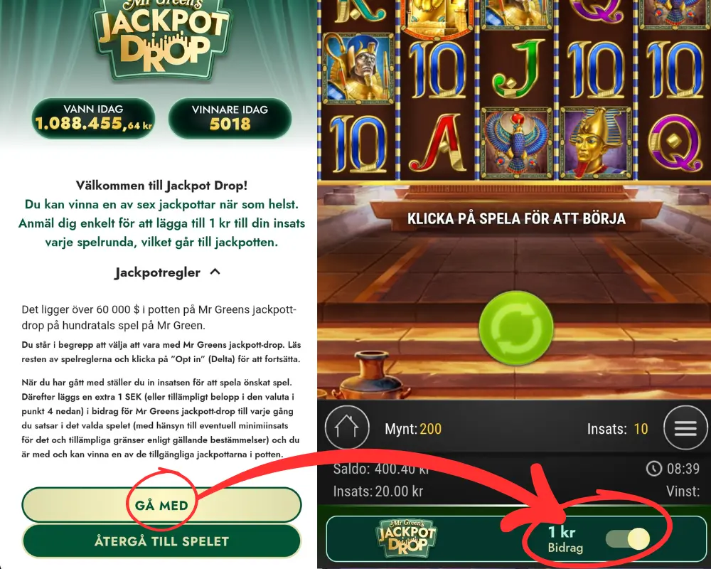 Insatser i Mr Greens jackpotspel