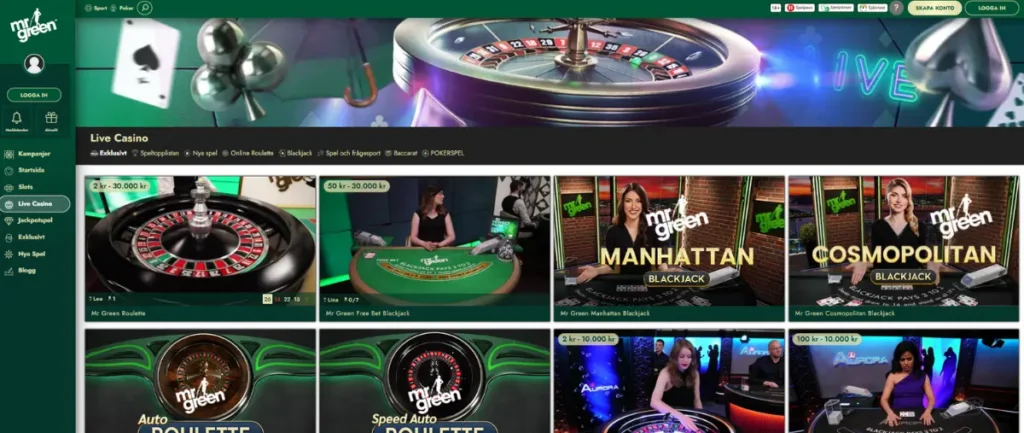 Livespel och live casino hos Mr Green