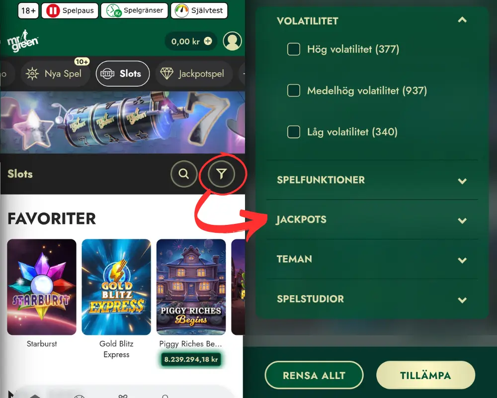 Sökfiltret hos Mr Green.
