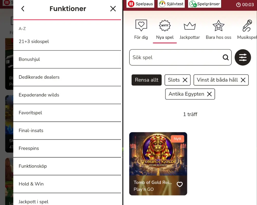 Vi söker efter spel via sökfiltret hos Maria Casino.