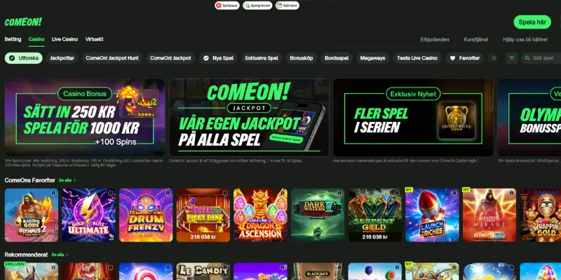 Förstasidan och casinolobbyn hos ComeOn Casino.