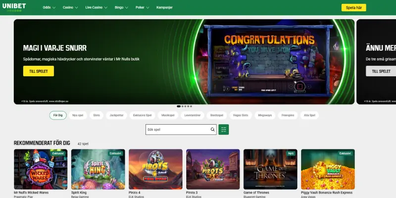 Unibets casinolobby och spelutbud.