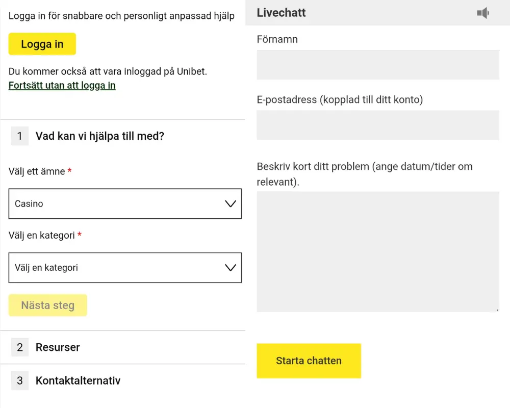 Unibets hjälpcenter, FAQ och livechatt