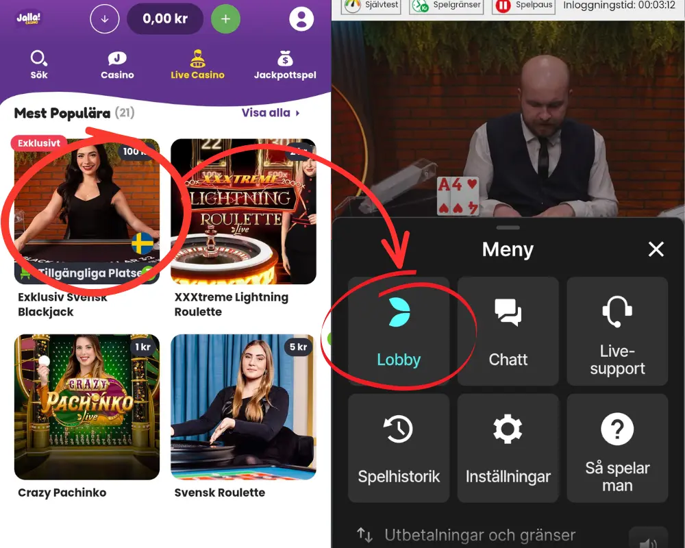 Jalla! Casinos live casino och hur du hittar spelleverantörernas lobbys.