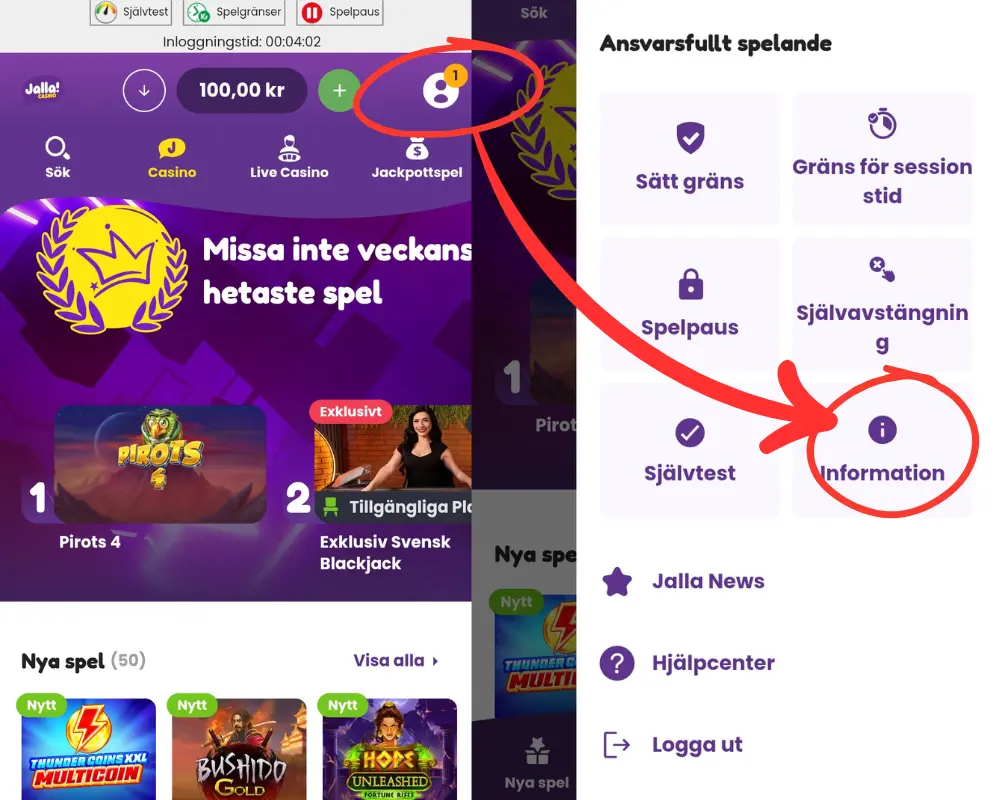 Vart du hittar information om ansvarsfullt spelande hos Jalla Casino.