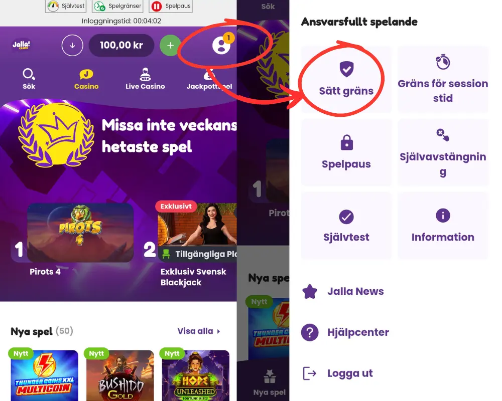 Justera insättningsgränser hos Jalla Casino: Gå först till din profil