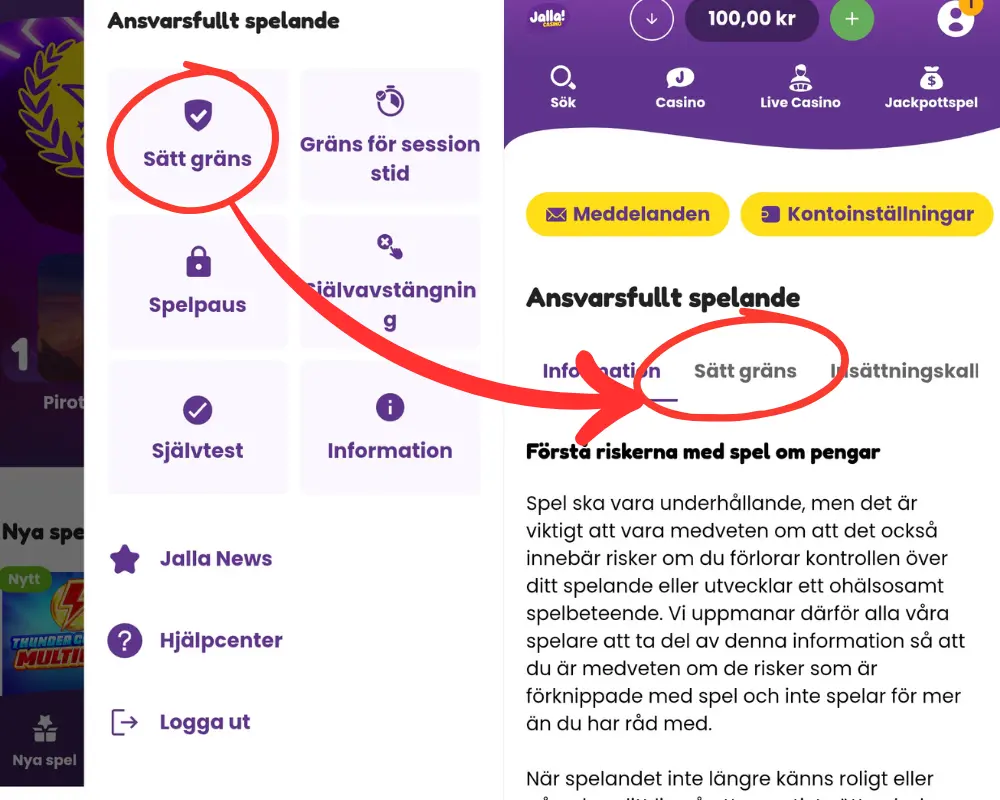 Justera insättningsgränser hos Jalla Casino: Gå till gränser.