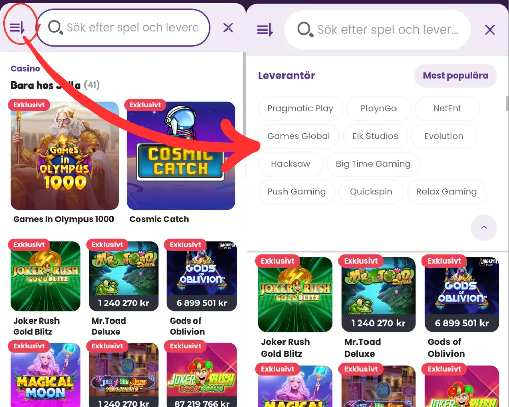 Hur du använder Jalla Casinos sökfilter.