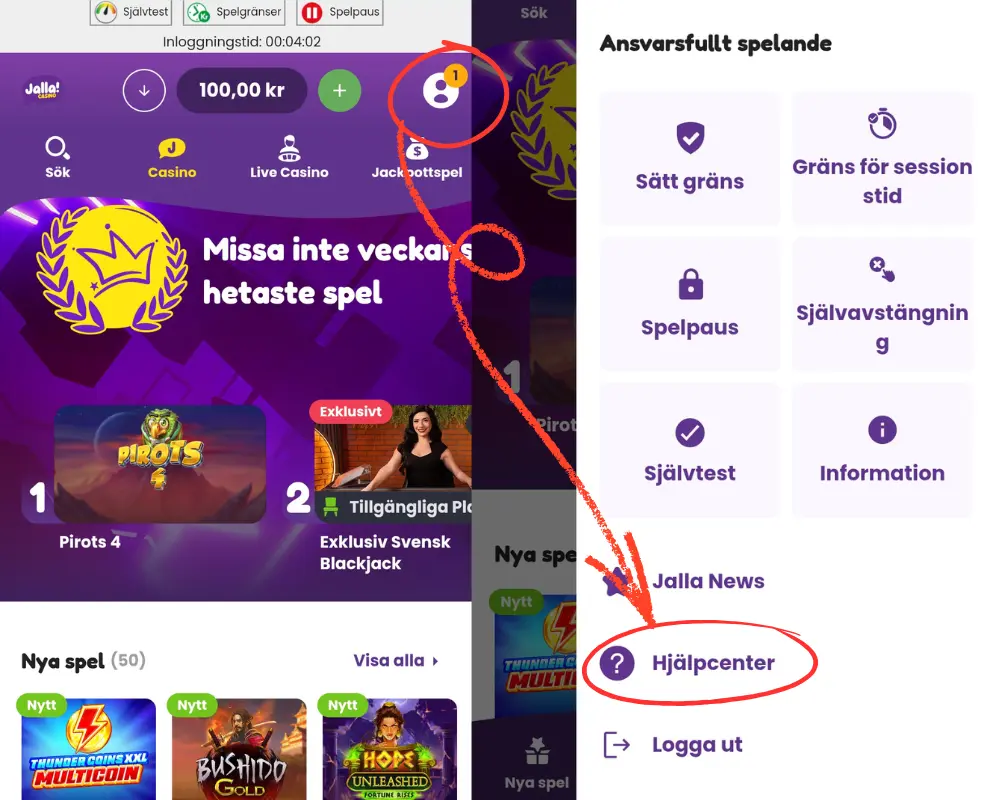 Vart du hittar Jalla Casinos kundtjänst.