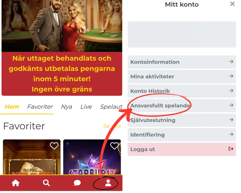 Ansvarsfullt spelande hittar du under ditt konto hos Pronto Live.