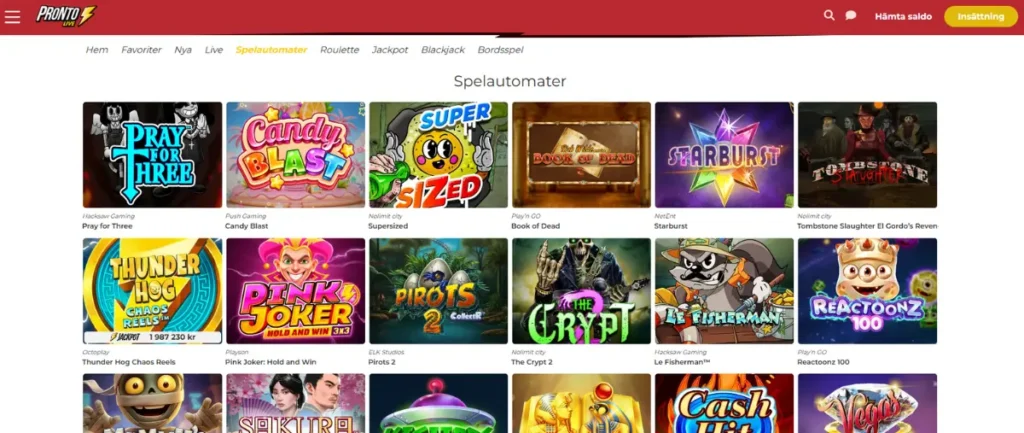 Pronto Lives sida för spelautomater och slots.