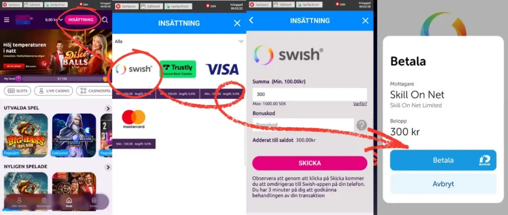 En insättning vi gjorde till Lucky Vegas via Swish (2026).