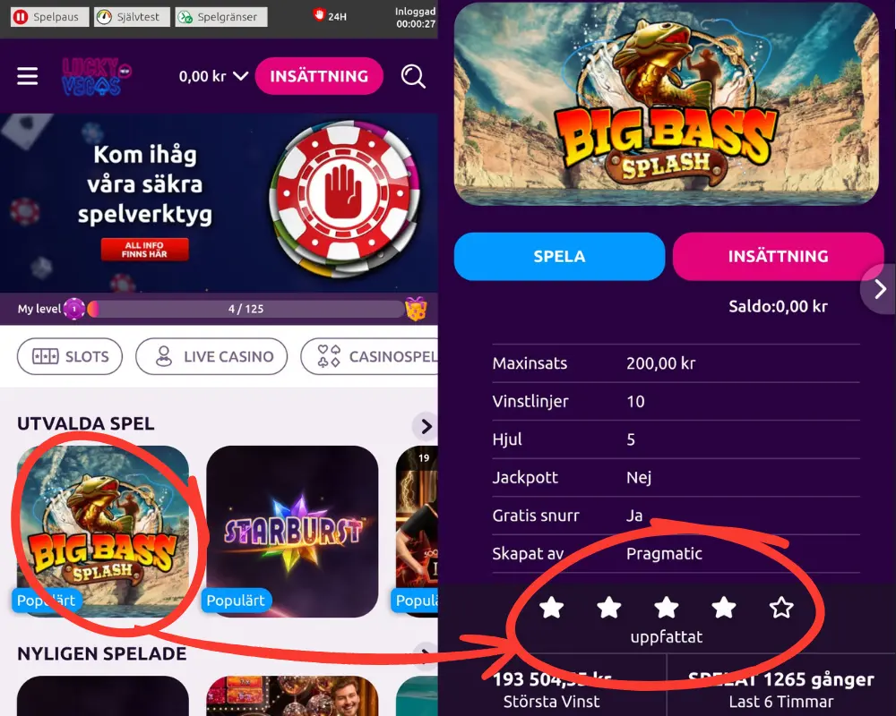 Hur du betygsätter ett spel hos Lucky Vegas.