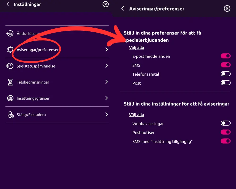 Inställningar för aviseringar hos Lucky Vegas.