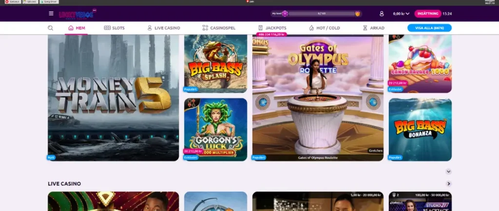 Förstasidan hos Lucky Vegas.