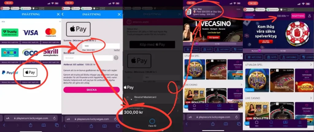 Här ser du vår första insättning till Lucky Vegas via Apple Pay och Revolut (2023).