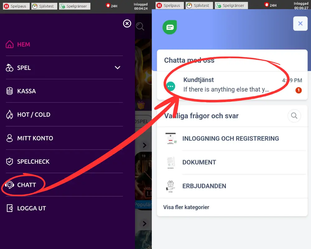 Vart du hittar livechatten hos Lucky Vegas.