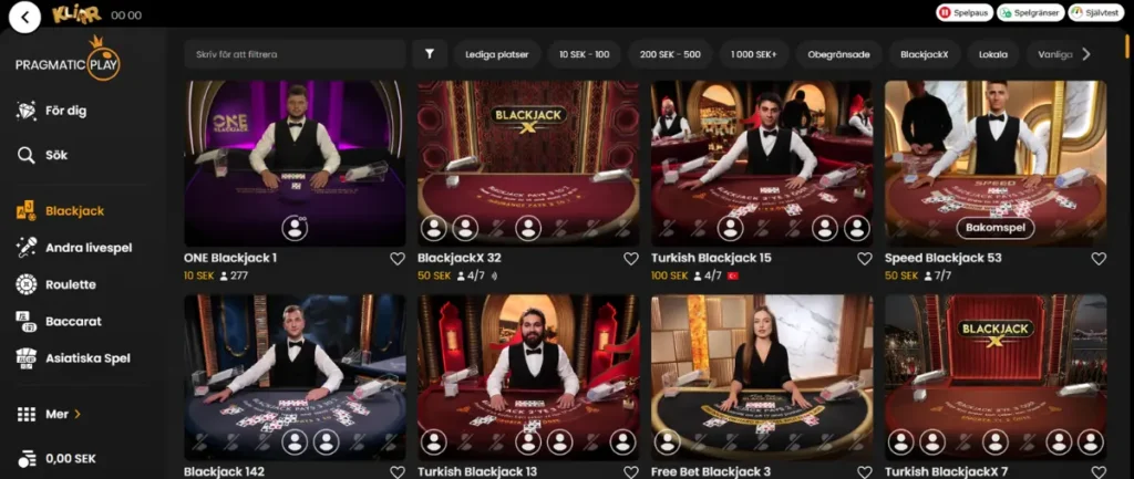 Pragmatic Plays livespelslobby hos Klirr Casino.