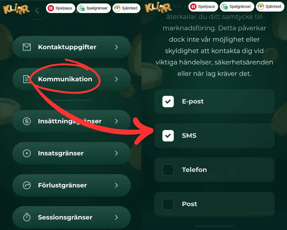 Inställningar för reklam hos Klirr Casino