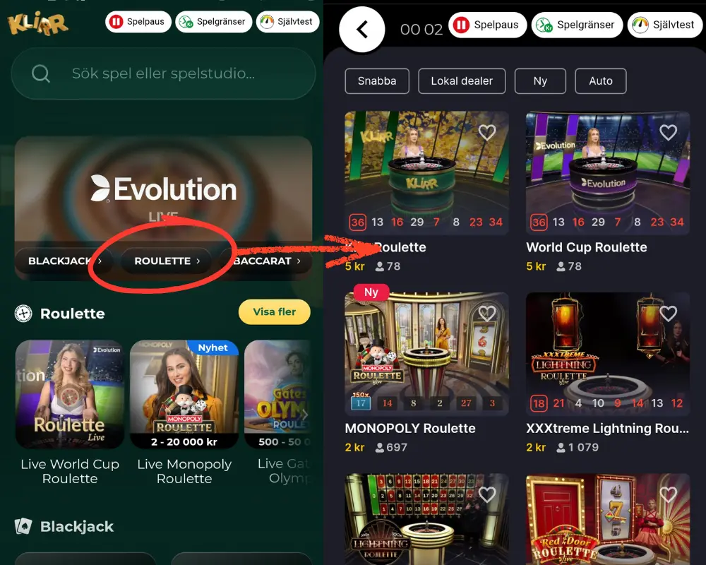 Här går vi direkt från Klirrs live casino till Evolutions livespelslobby.
