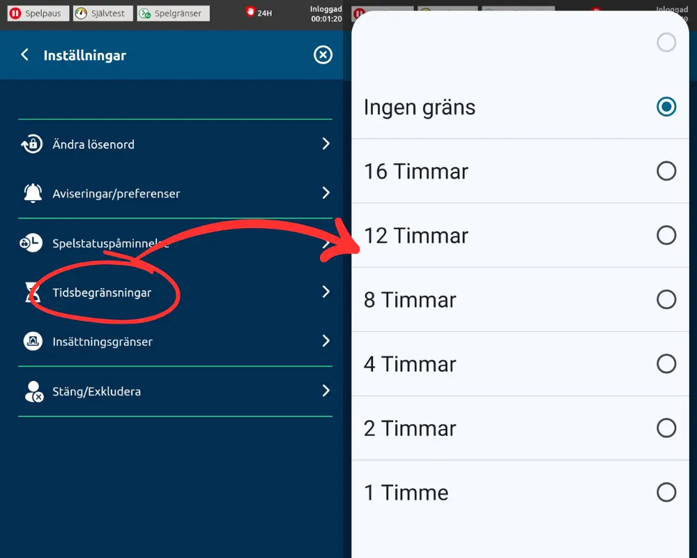 Tids- och insättningsgränser: hittas via "Inställningar" under din profil.