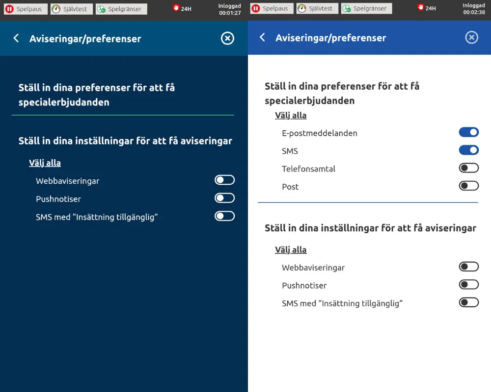 Turbonino och inställningar för reklam och aviseringar.