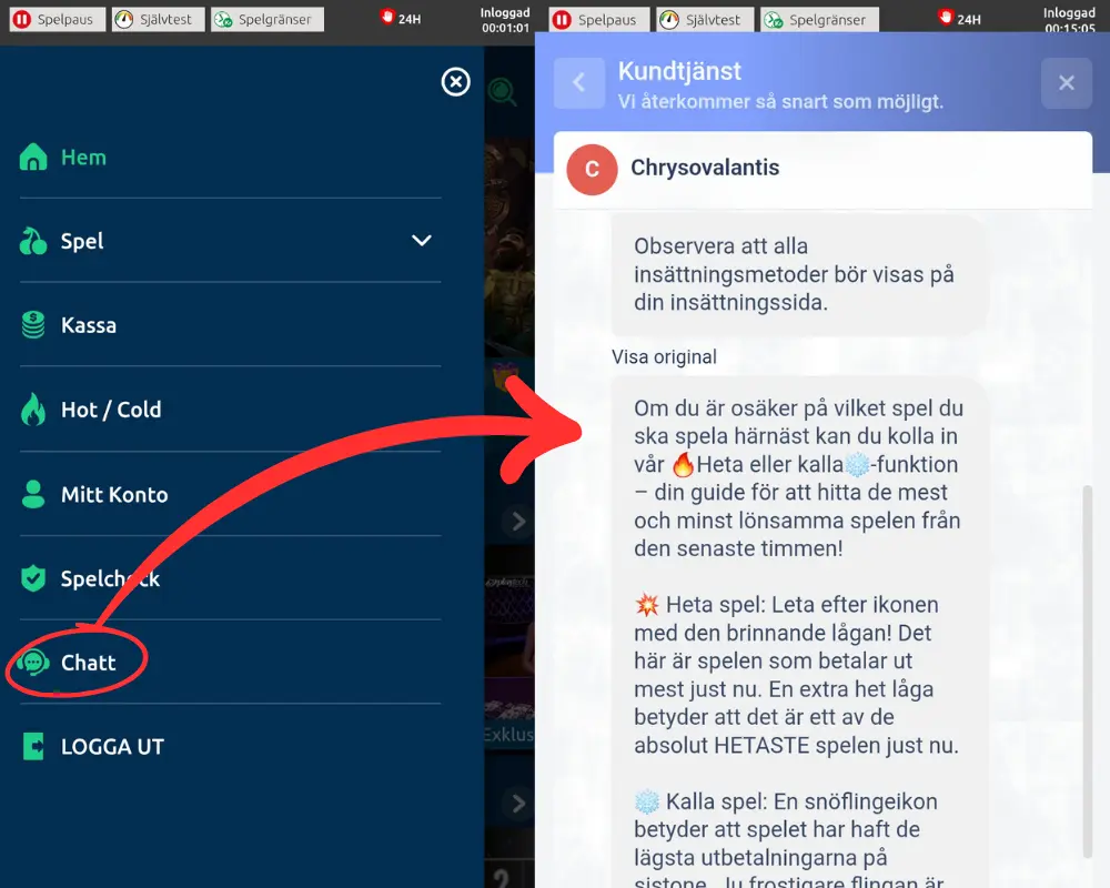Vart du hittar livechatten hos Turbonino.