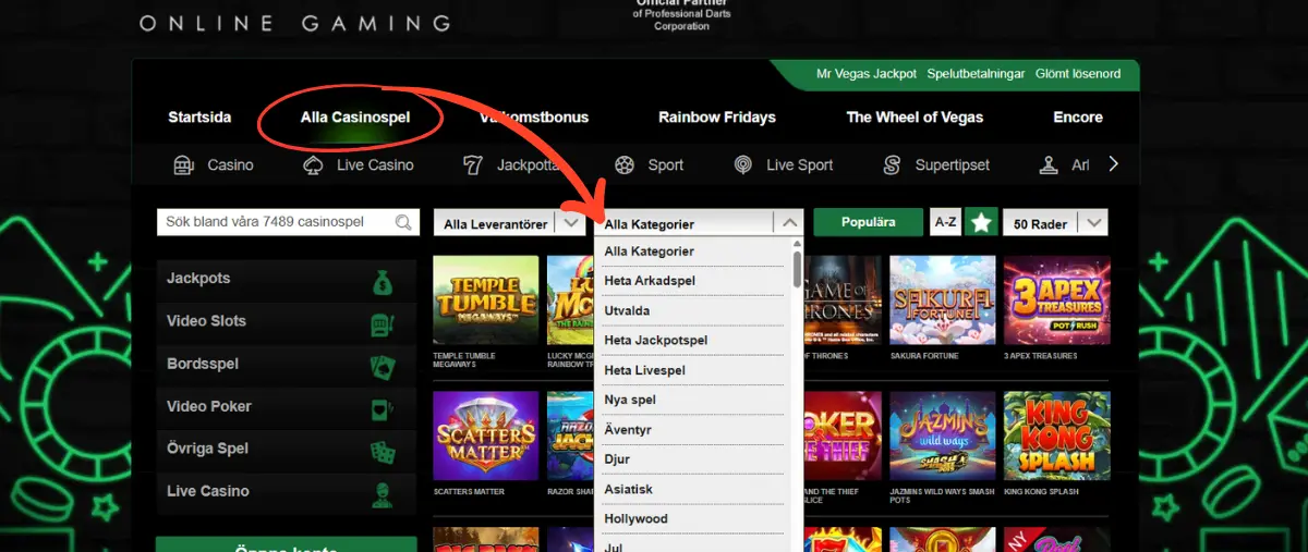 Hur du använder menyerna hos Mr Vegas